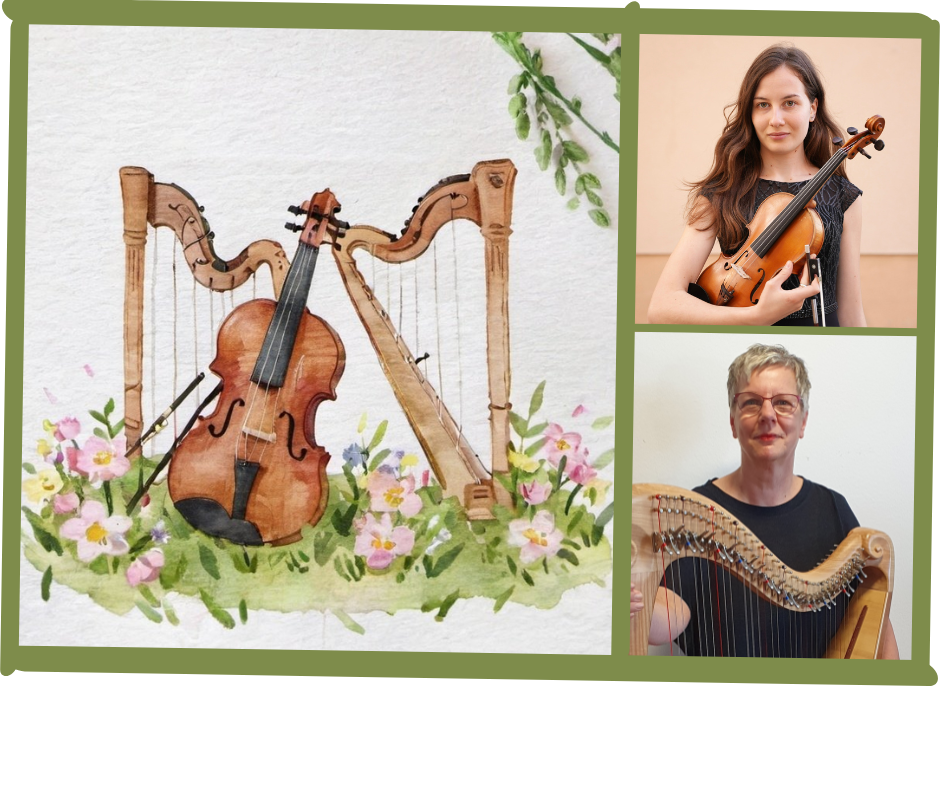 Ein gemaltes Bild mit Harfen und Violinen, Fotos der Musikerinnen